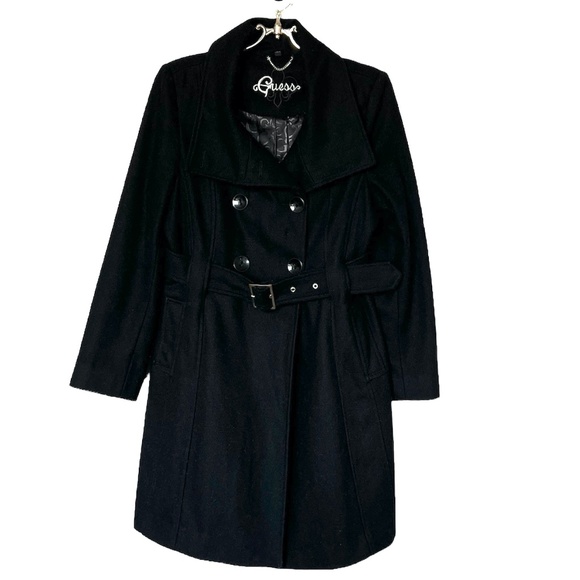 Guess Women's Wool Blend Double Breasted Black Walker Coat Size MP - Picture 1 of 15